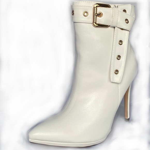 White - Winter white ankle platform heeled bootie w/ strap & buckle gold accents - Picture 2 of 5